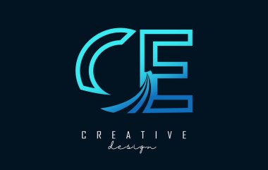 Outline blue letters CE c elogo with leading lines and road concept design. Letters with geometric design.