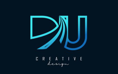 Outline blue letters Du d u logo with leading lines and road concept design. Letters with geometric design.