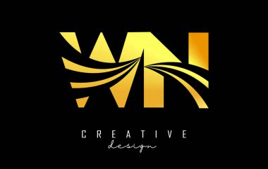 Creative golden letters WN w n logo with leading lines and road concept design. Letters with geometric design.