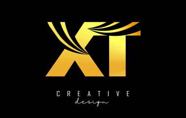 Creative gold letters XT x t logo with leading lines and road concept design. Letters with geometric design.