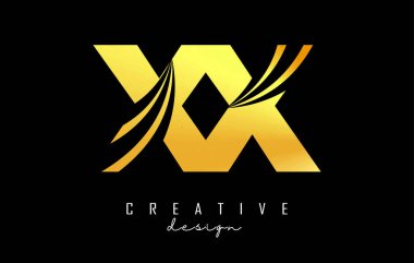 Creative gold letters XX x logo with leading lines and road concept design. Letters with geometric design.