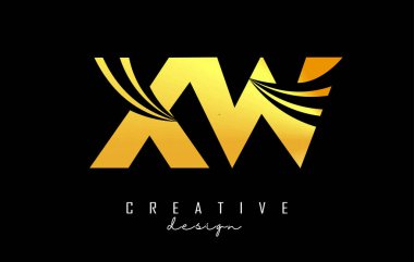 Creative gold letters XW x w logo with leading lines and road concept design. Letters with geometric design.