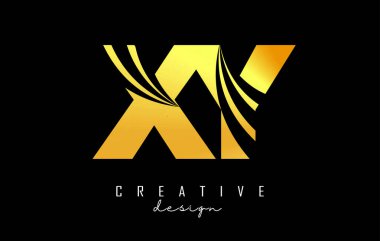 Creative gold letters XY x y logo with leading lines and road concept design. Letters with geometric design.