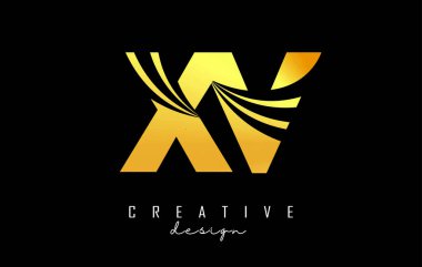 Creative gold letters XV x v logo with leading lines and road concept design. Letters with geometric design.