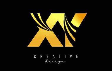Creative gold letters XY x y logo with leading lines and road concept design. Letters with geometric design.