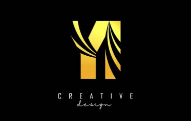 Creative golden letters YI y i logo with leading lines and road concept design. Letters with geometric design.
