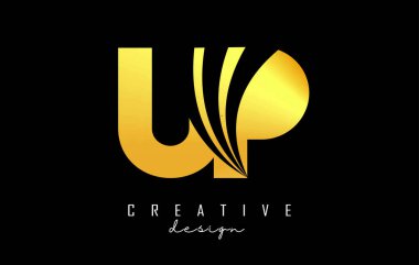 Creative golden letters UP u p logo with leading lines and road concept design. Letters with geometric design.