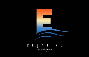 Sunset effect letter E logo with waves lines. Letter with geometric waves and sunset design.
