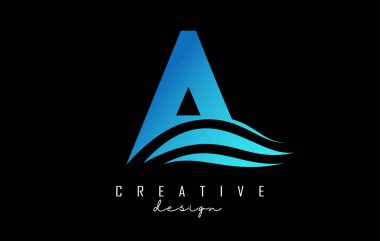 Water effect blue letter A logo with leading lines. Letter with geometric and waves design.