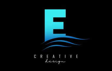 Wave effect blue letter E logo with leading lines. Letter with geometric and waves design.