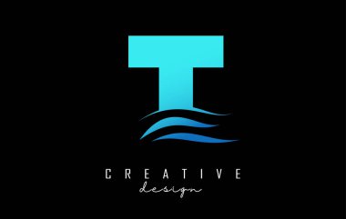 Water effect blue letter T logo with leading lines. Letter with geometric and waves design.Vector Illustration with letter and creative cuts.