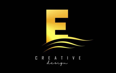 Su efekti altın harfli E logosu. Geometrik ve dalga tasarımlı mektup. Harf ve yaratıcı kesimlerle Vektör İllüstrasyonu.