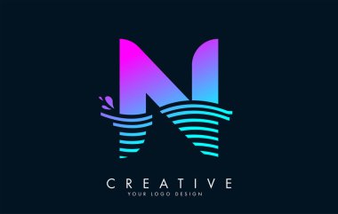 Dalgalar ve Su Damlaları Tasarımı ile Renkli N Harfi Logosu.