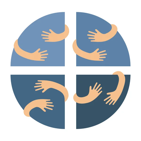 Les mains humaines embrassant ou tenant des segments de cercle vectoriel illustration plate. Emblème créatif avec quadrants ou secteurs bleus et bras. — Image vectorielle