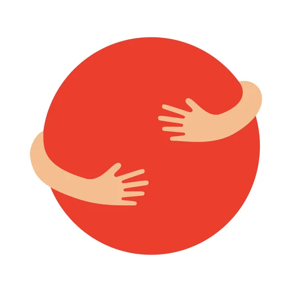 Человеческие руки обнимают или держат векторную плоскую иллюстрацию круга. Креативная эмблема с красной большой круглой фигурой и обнимающими руками. — стоковый вектор