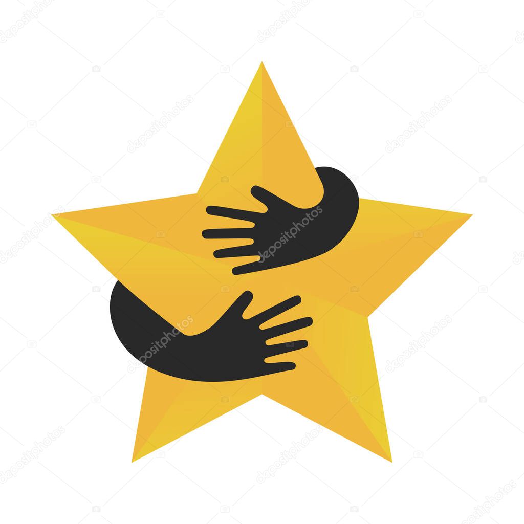 Human hands embracing or holding five pointed star vector flat illustratio. Creative emblem with yellow big star and hugging black arms.