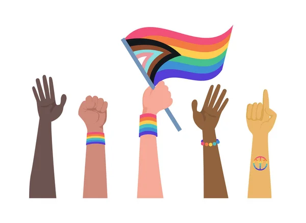 Menschenhände mit Regenbogen-LGBT plus Fahne. Lesben, Schwule, Bisexuelle, Transgender und Queer People Stolz Parade Vektor flache Illustration. — Stockvektor
