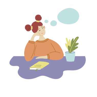 Masada oturan düşünceli tatlı kız. Vektör illüstrasyonu.