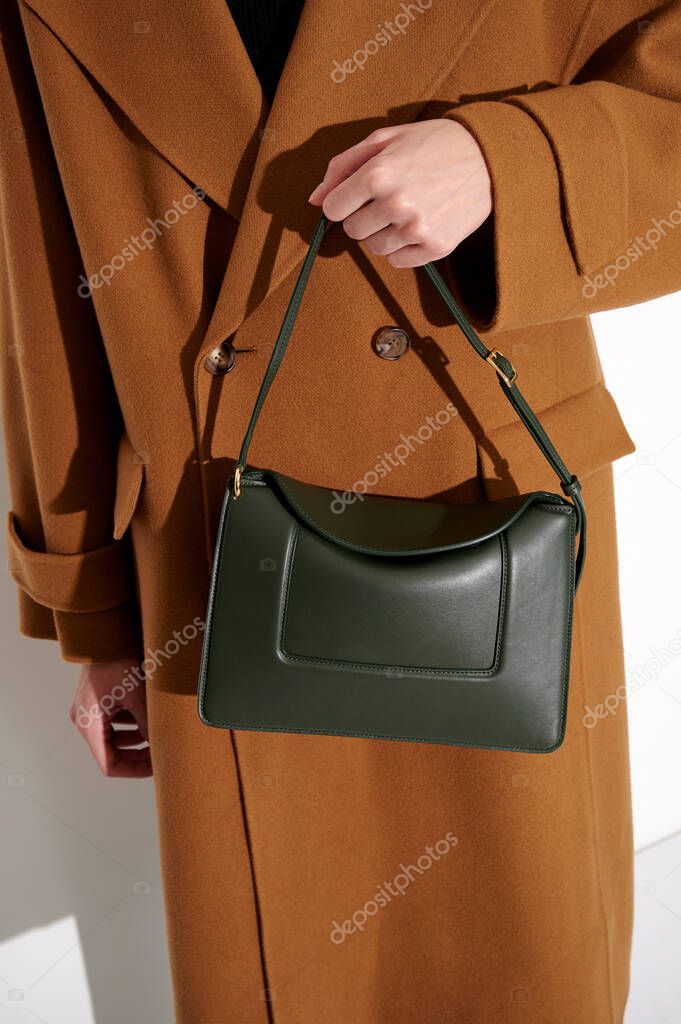 Woman in a brown  coat with luxury green leather handbag. Fashionable shoulder bag. White background. Vertical photo.