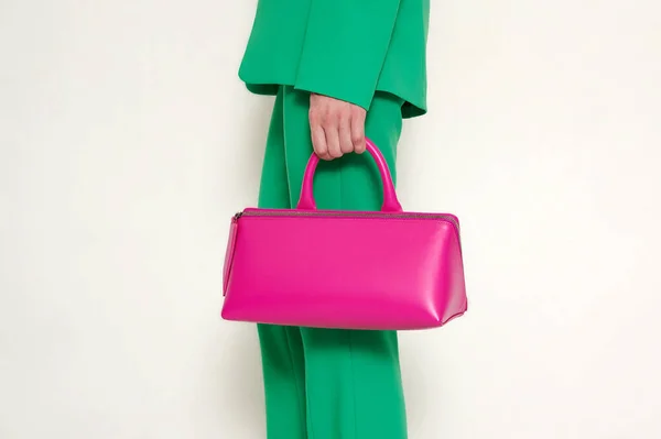 Girl Green Suit Pink Leather Handbag Her Hand Green Pants — Φωτογραφία Αρχείου
