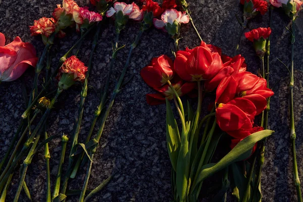 Red Tulips Carnations Granite Monument Sunset Light Closeup Horizontal Photo — Stockfoto