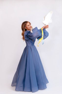 Ukrayna için dua et. Mavi kabarık elbiseli, Ukrayna bayrağı renginde kurdeleli genç bir kadın beyaz arka planda barışın beyaz güvercin sembolünü taşıyor. Savaşı durdurun. Boşluğu kopyala.