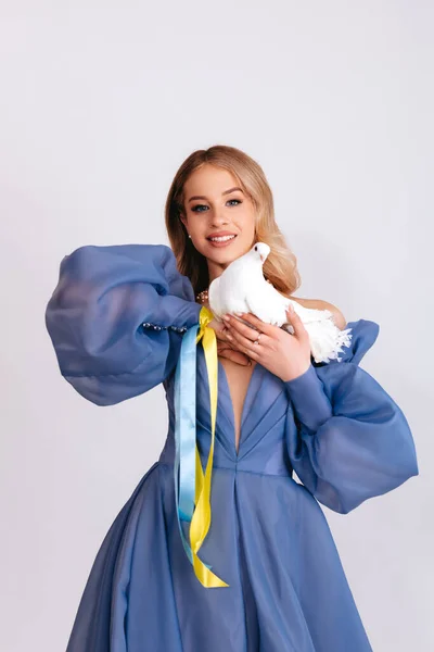우크라이나를위해 기도하라 드레스를 우크라이나 색깔로 리본을 배경에 평화의 비둘기 상징을 — 스톡 사진