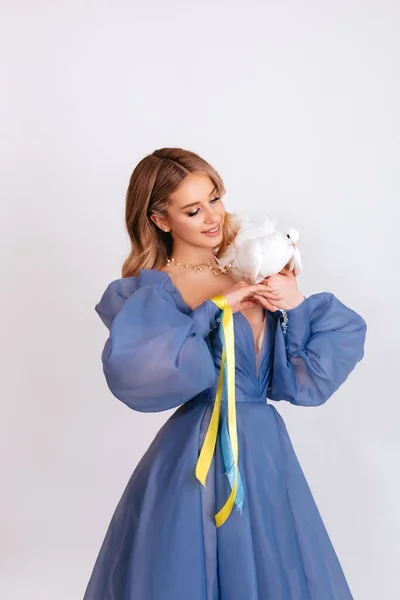 우크라이나를위해 기도하라 드레스를 우크라이나 색깔로 리본을 배경에 평화의 비둘기 상징을 — 스톡 사진