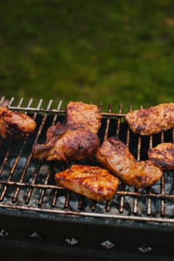 Yeşil bir çayırda ızgarada sıcak yaz barbeküsü. Domuz şişi..