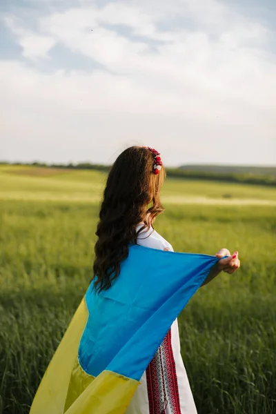 A Ukrainian woman in an embroidered Ukrainian traditional dress stands with her back in a field with a large flag of Ukraine in the field. Pray for Ukraine.