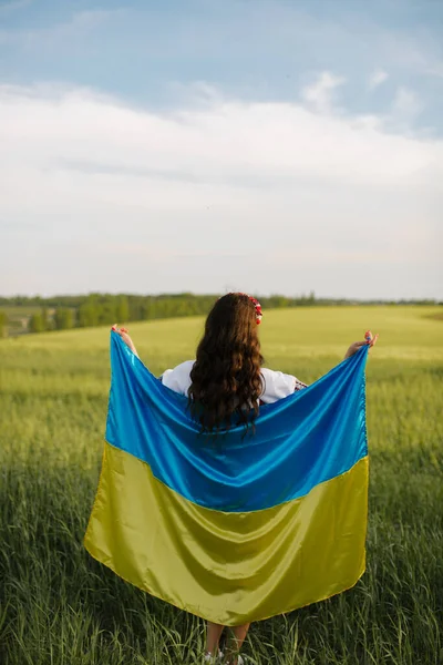 Uma Mulher Ucraniana Vestido Tradicional Ucraniano Bordado Fica Costas Campo — Fotografia de Stock