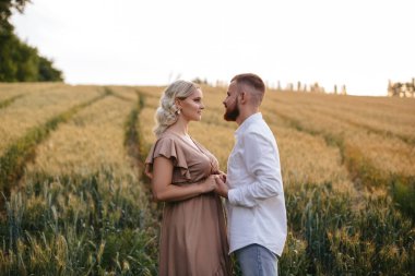 A man holds hands with his pregnant wife in a field at sunset.