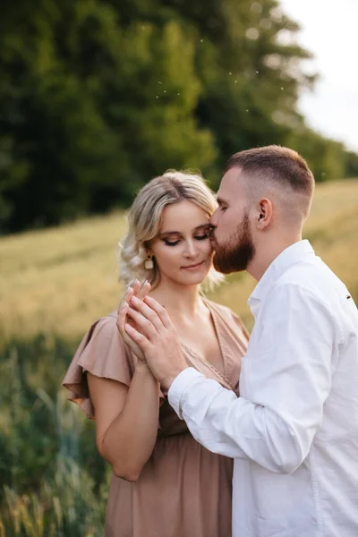 A man holds hands with his pregnant wife in a field at sunset.