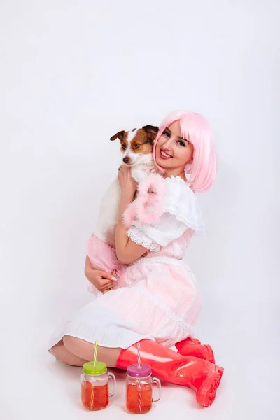 Girl Pink Hair Vintage White Dress Pink Rubber Boots Sits — 스톡 사진
