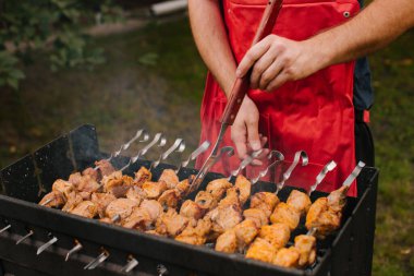 Yeşil bir çayırda ızgarada sonbahar sıcağı. Domuz şişi..