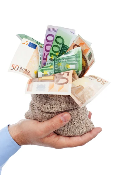 Euro banknotes in small burlap sack — Stock Photo, Image