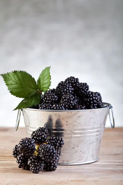 Eimer mit frischen Brombeeren auf silbernem Hintergrund — Stockfoto