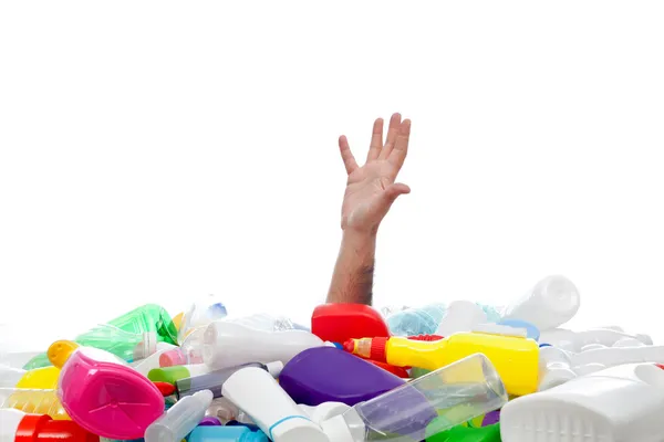 Conceito de ambiente com mão humana e recipientes de plástico — Fotografia de Stock