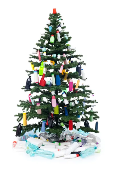 Plastic bottles waste decorating a christmas tree — Stock Photo, Image