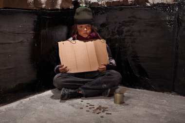 Begging homeless child sitting with a blank sign and some change clipart