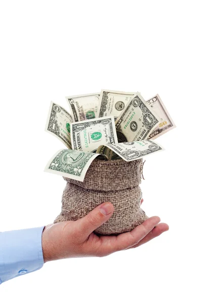 Dollars overflowing from a bag — Stock Photo, Image