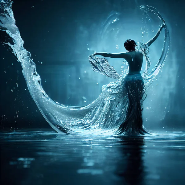 3d render of water elemental goddess emerging majestically above the water and dancing, dressed in splashes of water. Feminine power concept. AI generated art illustration