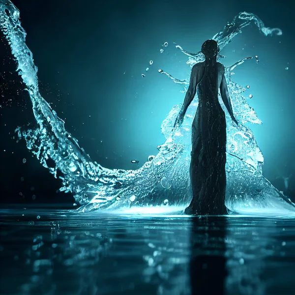 3d render of water elemental goddess emerging majestically above the water, dressed in splashes of water. Feminine power concept.