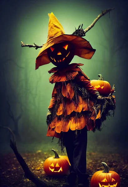 Espantapájaros Amistosos Halloween Que Traen Linternas Jack Del Bosque Muerto —  Fotos de Stock