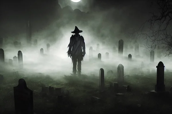 Misterious Halloween Scarecrow Guarding Peace Deceased Misty Cemetery Night — Stock Photo, Image