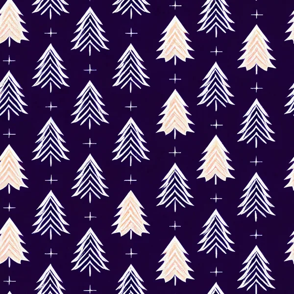 Hand Drawn Christmas Trees Seamless Pattern Blue Background Tileable Xmas — Stock Photo, Image