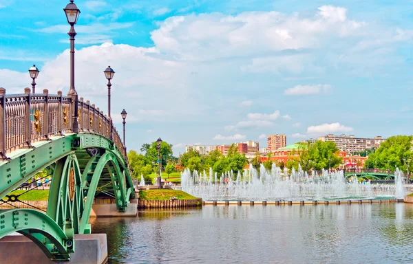 Grande fontaine et pont vert dans le parc d'été — Photo