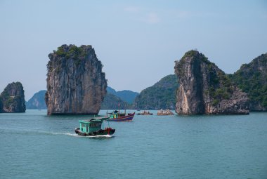 Rocky islands and boats in Halong Bay clipart