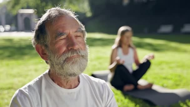Homem Velho Mulher Praticando Yoga Parque Sentam Tapetes Chão Homem — Vídeo de Stock