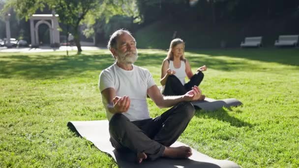 Viejo Mujer Practicando Yoga Parque Sientan Alfombras Tierra Gris Peludo — Vídeo de stock